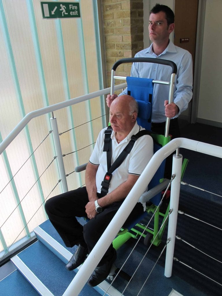 Excel evac chair in use for emergency evacuation