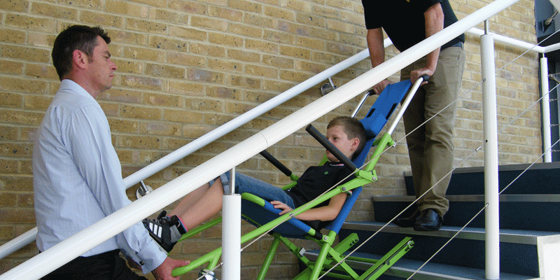 Child in a stairway evacuation chair