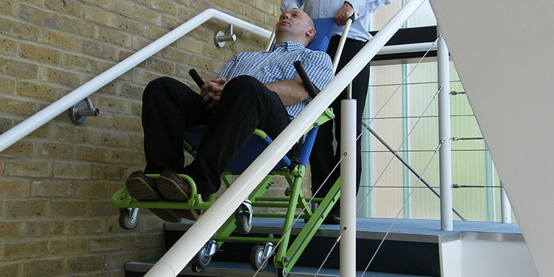 Evacusafe's standard model evacuation chair being used in a stairway evacuation